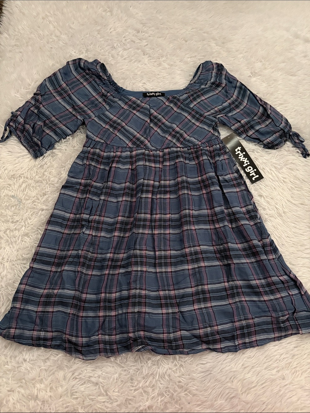 NWT Trixxi Girl From Stitch Fix Blue Plaid Tie Sleeve Dress Youth Size S